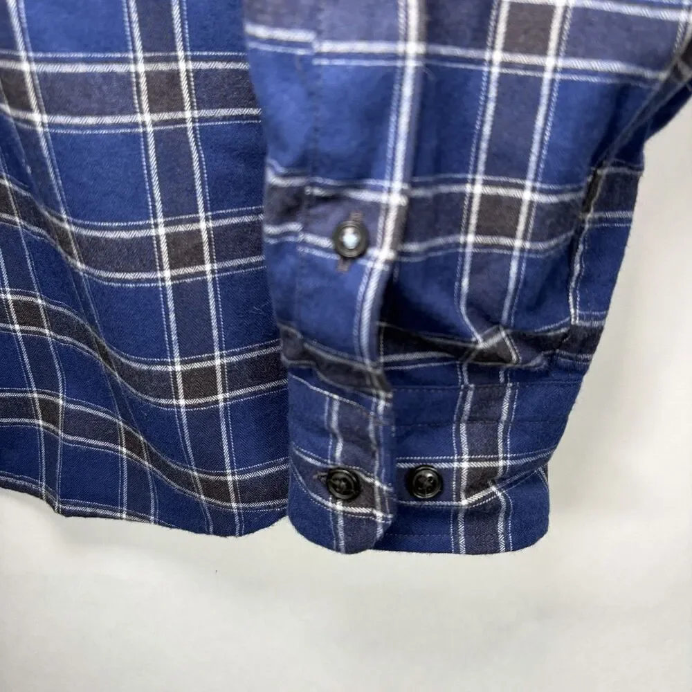 Banana Republic Luxe Flannel Slim Fit Button Down Shirt Mens Blue Black Plaid